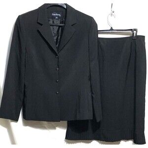 Evan Picone 2pc Skirt Suit 14 Blk PinStripe Knee Length Lined Pleat Hem Office